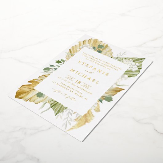 Boho Waterverf Drift Palm Leaves Summer Wedding Folie Uitnodiging (Gedraaid)