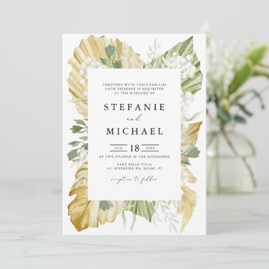 Boho Waterverf Drift Palm Leaves Summer Wedding Kaart (Staand voorkant)