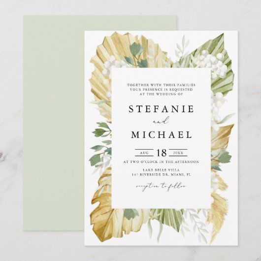 Boho Waterverf Drift Palm Leaves Summer Wedding Kaart (Voorkant / Achterkant)