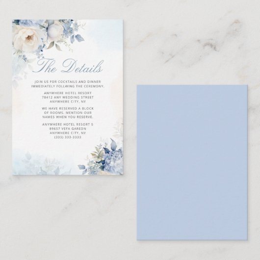 Boho Waterverf Dusty Blue Floral Wedding Details Informatiekaartje (Voorkant / Achterkant)