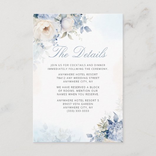 Boho Waterverf Dusty Blue Floral Wedding Details Informatiekaartje (Voorkant)