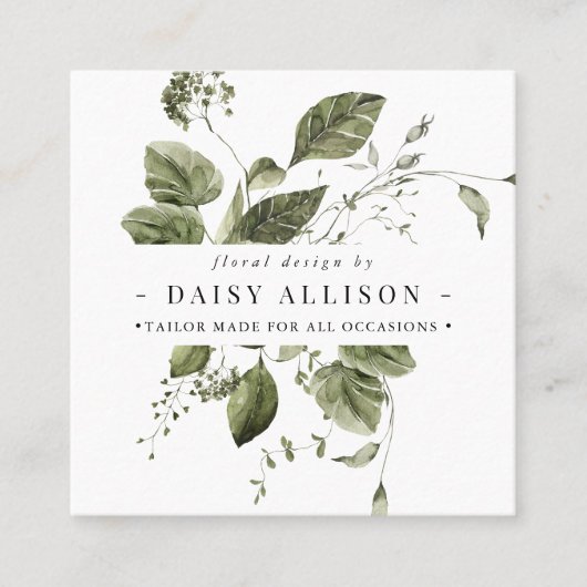 Boho Waterverf Elegant Greenery Vierkante Visitekaartje (Voorkant)