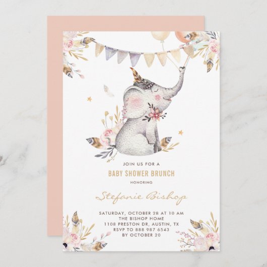 Boho Waterverf Elephant Floral Baby shower Brunch Kaart (Voorkant / Achterkant)