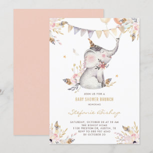 Boho Waterverf Elephant Floral Baby shower Brunch Kaart