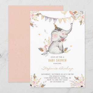 Boho Waterverf Elephant Floral Baby shower Kaart