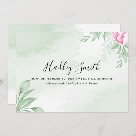 Boho Waterverf Eucalyptus Birth Announcement Card Aankondiging (Voorkant / Achterkant)