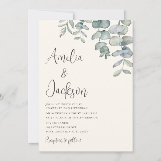 Boho Waterverf Eucalyptus Blue Green Wedding Invi Kaart (Voorkant)