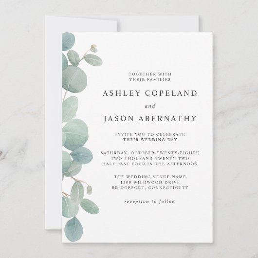 Boho Waterverf Eucalyptus Border Bruiloft Kaart (Voorkant)