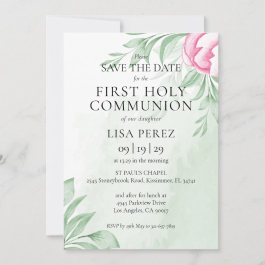 Boho Waterverf Eucalyptus Eerste Heilige Communie Save The Date (Voorkant)