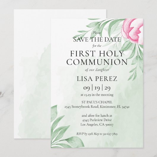 Boho Waterverf Eucalyptus Eerste Heilige Communie Save The Date (Voorkant / Achterkant)
