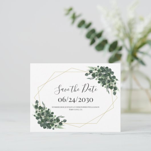Boho Waterverf Eucalyptus Geometric Save the Date Briefkaart (Staand voorkant)