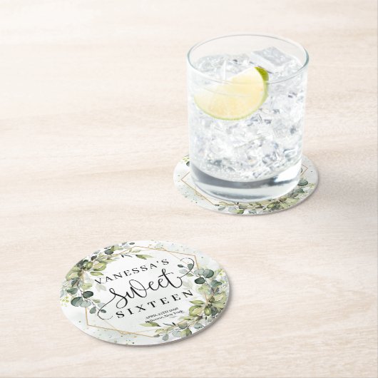 Boho waterverf eucalyptus goud 16e verjaardag ronde kartonnen onderzetter (Insitu)
