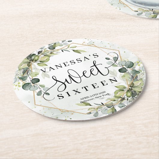 Boho waterverf eucalyptus goud 16e verjaardag ronde kartonnen onderzetter (Gebogen)