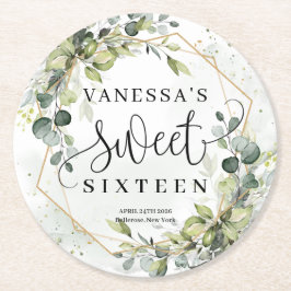 Boho waterverf eucalyptus goud 16e verjaardag ronde kartonnen onderzetter