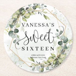 Boho waterverf eucalyptus goud 16e verjaardag ronde kartonnen onderzetter