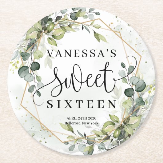 Boho waterverf eucalyptus goud 16e verjaardag ronde kartonnen onderzetter (Voorkant)