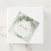 Boho waterverf eucalyptus gouden lijst initialen bedankjes labels (In situ)