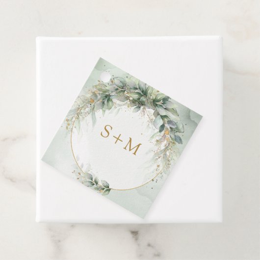 Boho waterverf eucalyptus gouden lijst initialen bedankjes labels (In situ)