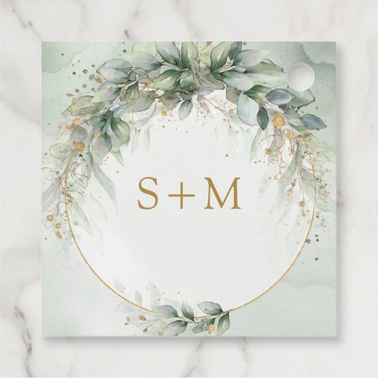 Boho waterverf eucalyptus gouden lijst initialen bedankjes labels (Achterkant)