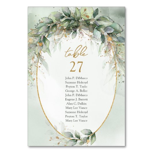 Boho waterverf eucalyptus gouden lijst tafelnummer (Voorkant)