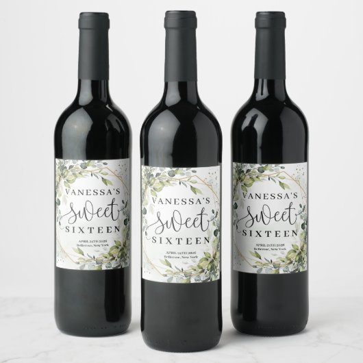 Boho waterverf eucalyptus gouden lijst zoet 16e wijn etiket (Flessen)