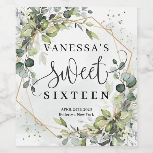 Boho waterverf eucalyptus gouden lijst zoet 16e wijn etiket (Enkel label)