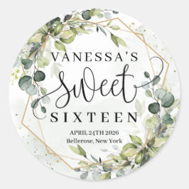 Boho waterverf eucalyptus goudzoet zestien ronde sticker