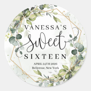 Boho waterverf eucalyptus goudzoet zestien ronde sticker