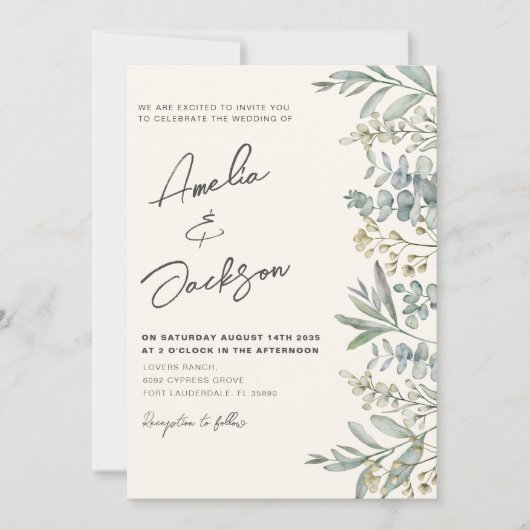 Boho Waterverf Eucalyptus Green & Ivory Wedding Kaart (Voorkant)