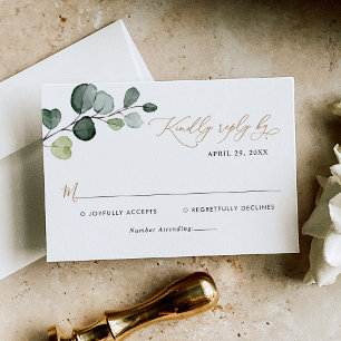 Boho Waterverf Eucalyptus Greenery Gold Wedding RSVP Kaartje