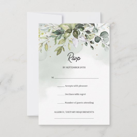 Boho waterverf eucalyptus groen goud schittert RSVP kaartje (Voorkant)