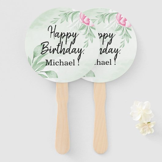 Boho Waterverf Eucalyptus Groen Verjaardagsfeest Handwaaier (Voorkant en achterkant)