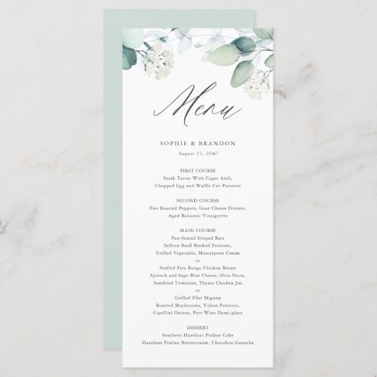 Boho Waterverf Eucalyptus Leaves Greenery Wedding Menu (Voorkant / Achterkant)