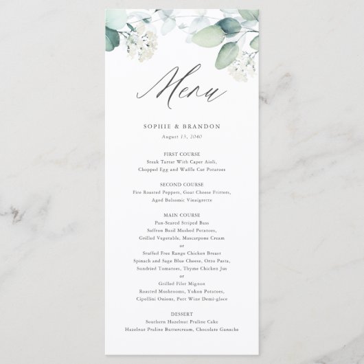 Boho Waterverf Eucalyptus Leaves Greenery Wedding Menu (Voorkant)
