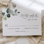 Boho Waterverf Eucalyptus Leaves Greenery Wedding RSVP Kaartje<br><div class="desc">Deze aanpasbare RSVP-kaart is ontworpen om te coördineren met ons Boho Greenery bruiloft collectie en biedt een eucalyptusvertakking voor de waterverf met grafische kalligrafie, gekoppeld aan een klasbare serif- en moderne sans-lettertype in zwart. Om geavanceerde veranderingen aan te brengen, ga naar "klik om verder"optie aan te passen onder Personaliseer deze...</div>