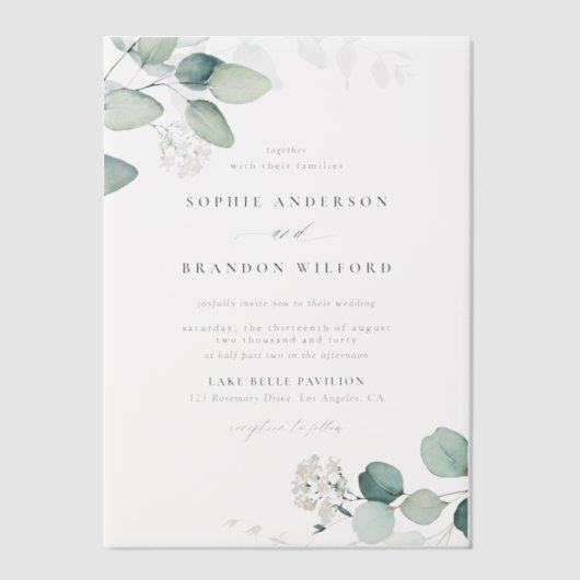 Boho Waterverf Eucalyptus Leaves Greenery Wedding Vellum Uitnodigingen (Voorkant)