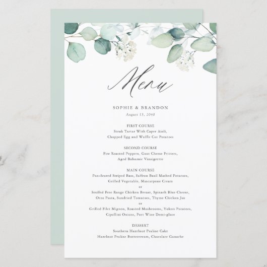 Boho Waterverf Eucalyptus Leaves Menu Card (Voorkant / Achterkant)