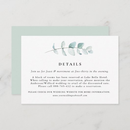 Boho Waterverf Eucalyptus Leaves Wedding Details Informatiekaartje (Voorkant / Achterkant)
