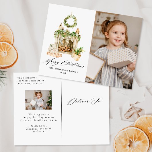 Boho Waterverf Fireplace with Greenery 2 Photo Feestdagenkaart