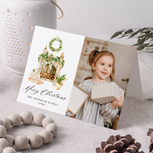 Boho Waterverf Fireplace with Greenery Foto Feestdagen Kaart