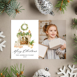 Boho Waterverf Fireplace with Greenery Foto Feestdagenkaart