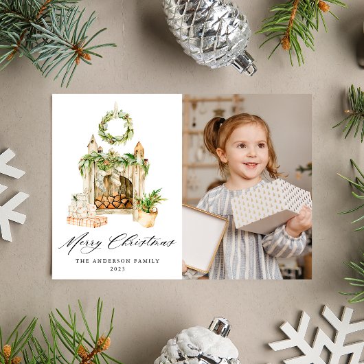 Boho Waterverf Fireplace with Greenery Foto Feestdagenkaart