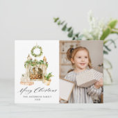 Boho Waterverf Fireplace with Greenery Foto Feestdagenkaart (Staand voorkant)