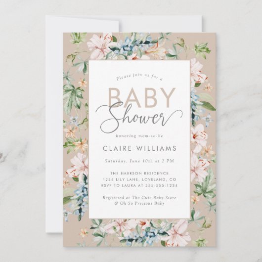 Boho Waterverf Floral Baby shower Uitnodiging (Voorkant)
