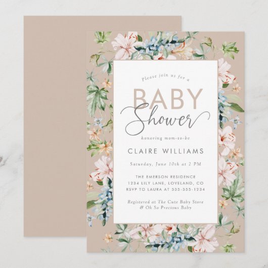 Boho Waterverf Floral Baby shower Uitnodiging (Voorkant / Achterkant)