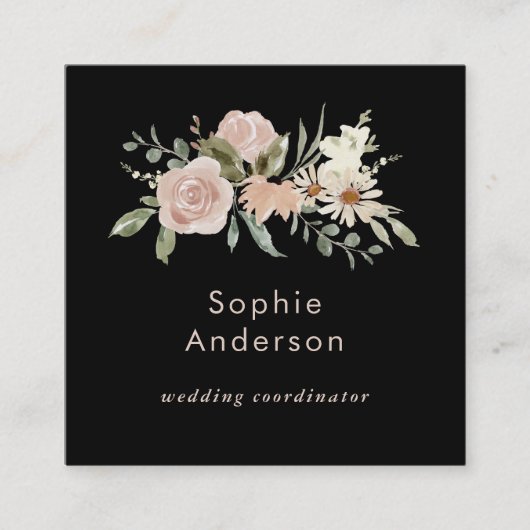 Boho Waterverf Floral Black | Icons voor sociale m Vierkante Visitekaartje (Voorkant)