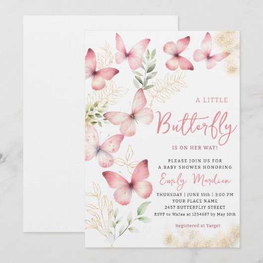 Boho Waterverf Floral Butterfly Girl Baby shower Kaart (Voorkant / Achterkant)