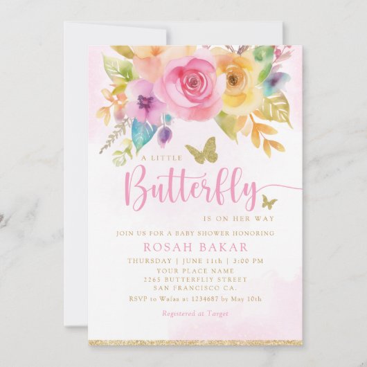 Boho Waterverf Floral Butterfly Girl Baby shower Kaart (Voorkant)