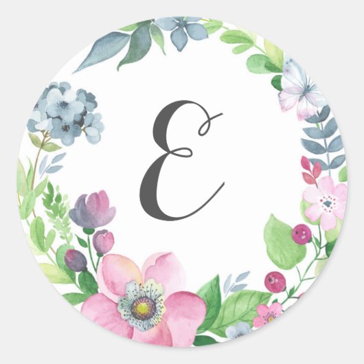 Boho Waterverf Floral & Butterfly | Monogram Ronde Sticker (Voorkant)