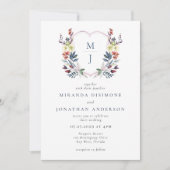Boho Waterverf Floral Crest Blauw Monogram Bruilof Kaart (Voorkant)